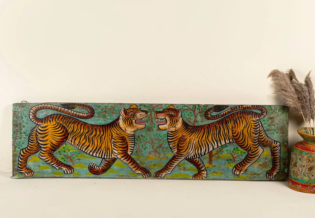 Virat Hand-Painted Teak Wood Tiger Panel - DOBRI ARTS AU