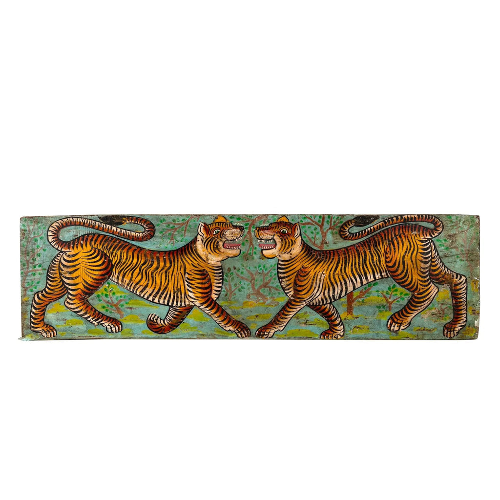 Virat Hand-Painted Teak Wood Tiger Panel - DOBRI ARTS AU