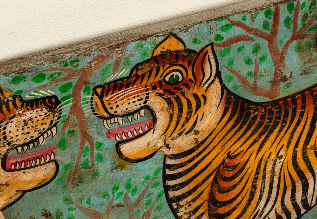 Virat Hand-Painted Teak Wood Tiger Panel - DOBRI ARTS AU