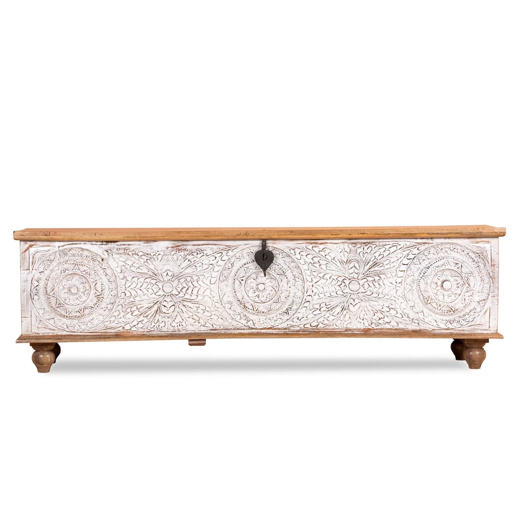 Visavadar Grand Hand-Carved Mango Wood Storage Trunk – 180 cm Statement Chest - DOBRI ARTS AU