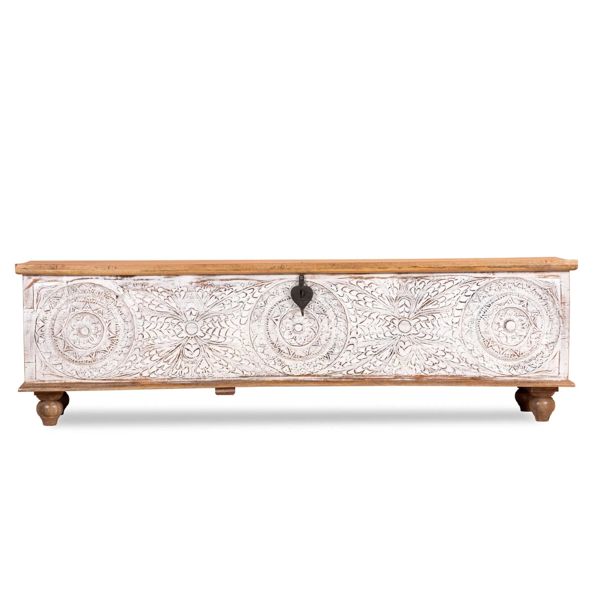 Visavadar Grand Hand-Carved Mango Wood Storage Trunk – 180 cm Statement Chest - DOBRI ARTS AU