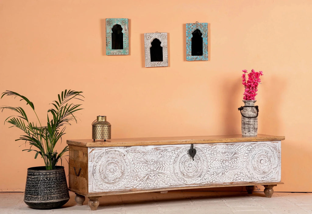 Visavadar Grand Hand-Carved Mango Wood Storage Trunk – 180 cm Statement Chest - DOBRI ARTS AU