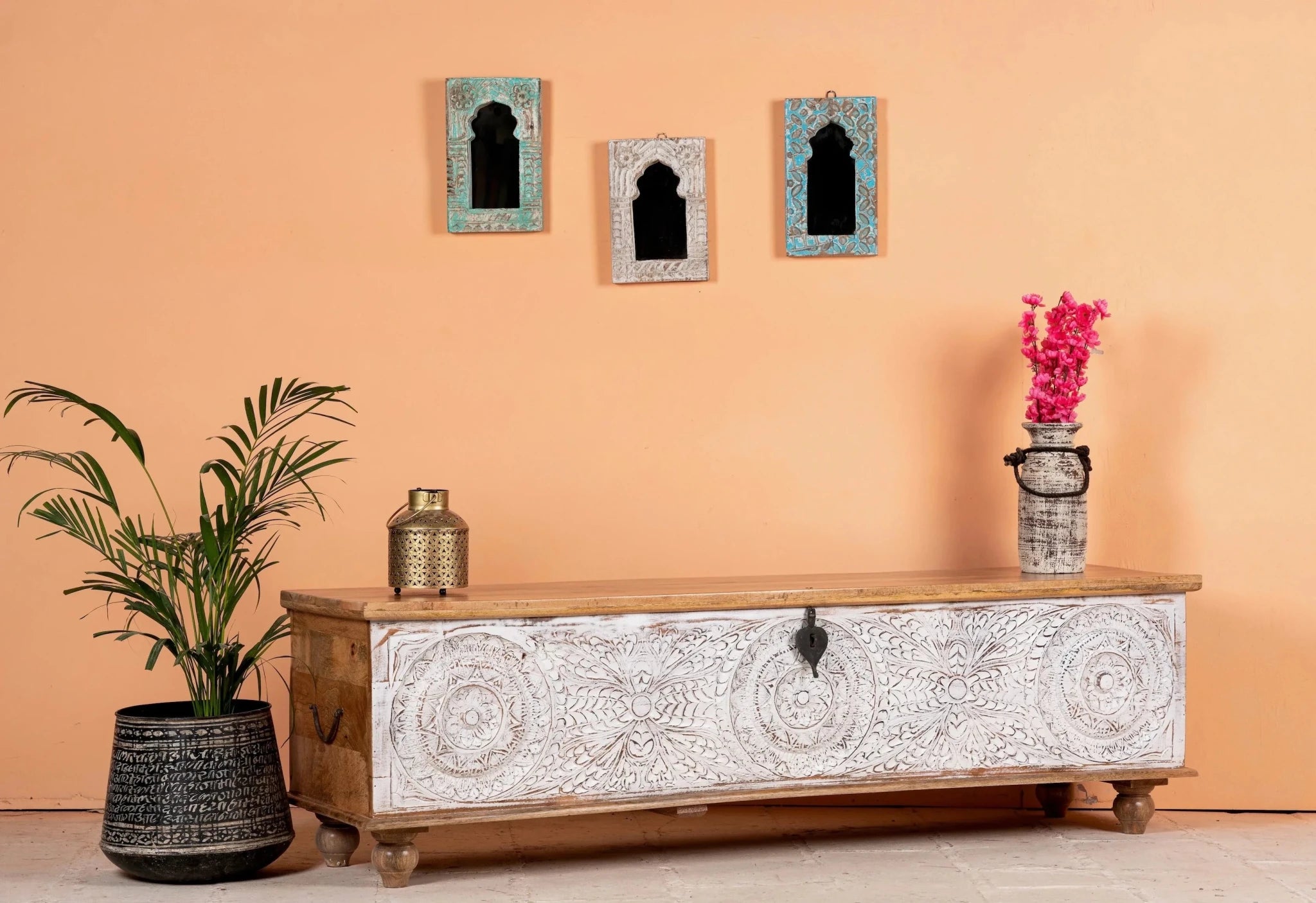Visavadar Grand Hand-Carved Mango Wood Storage Trunk – 180 cm Statement Chest - DOBRI ARTS AU