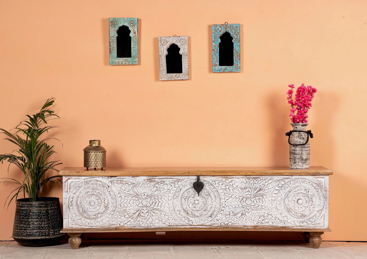 Visavadar Grand Hand-Carved Mango Wood Storage Trunk – 180 cm Statement Chest - DOBRI ARTS AU
