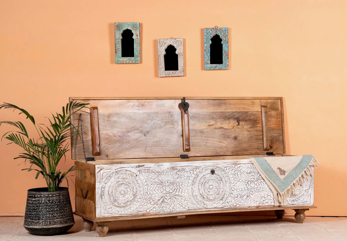 Visavadar Grand Hand-Carved Mango Wood Storage Trunk – 180 cm Statement Chest - DOBRI ARTS AU