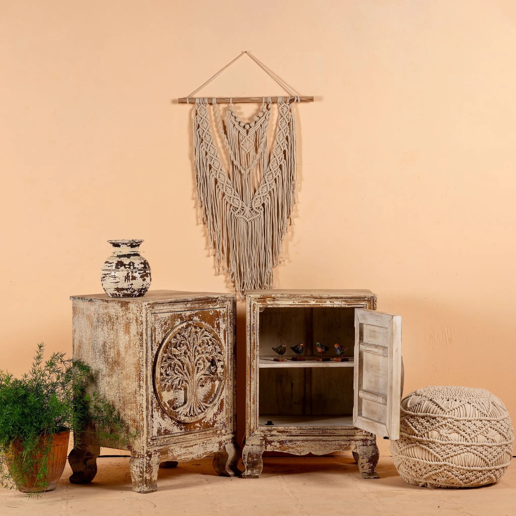Vriksha Carved Bedside Cabinet Set - DOBRI ARTS AU
