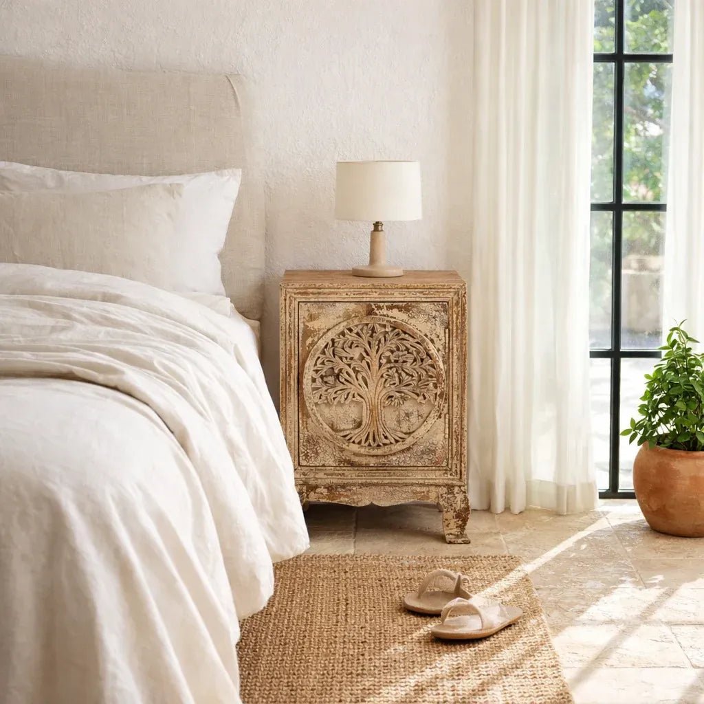 Vriksha Carved Bedside Cabinet Set - DOBRI ARTS AU