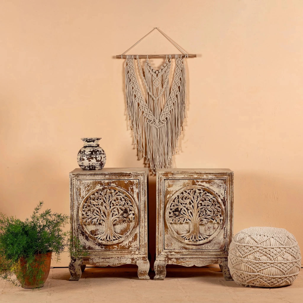 Vriksha Carved Bedside Cabinet Set - DOBRI ARTS AU