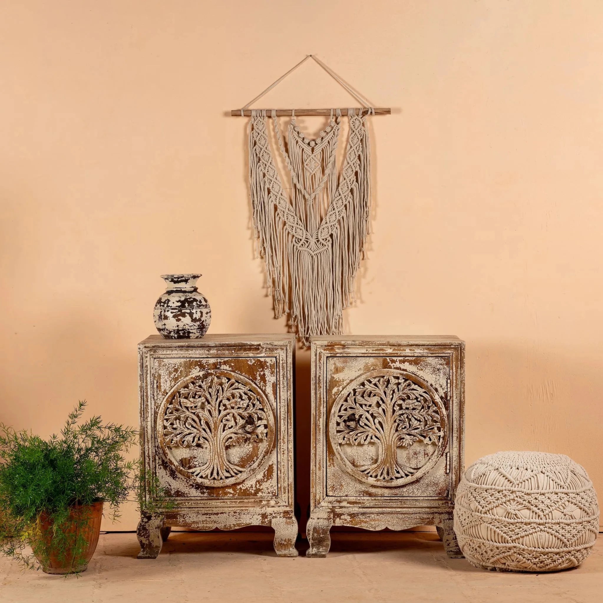 Vriksha Carved Bedside Cabinet Set - DOBRI ARTS AU