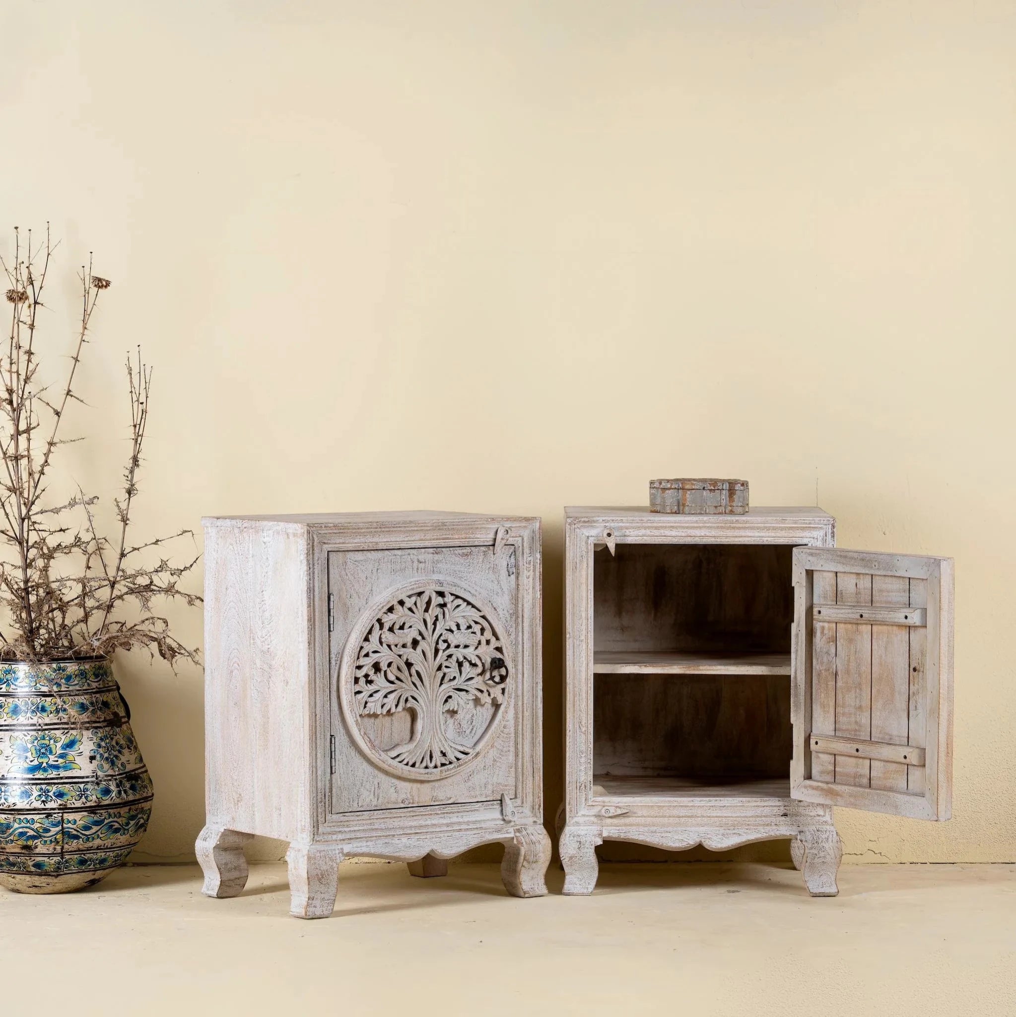 Vrinda Tree Carved Bedside Cabinet single - DOBRI ARTS AU