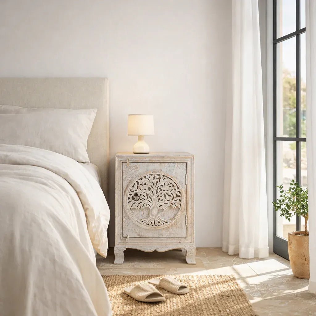 Vrinda Tree Carved Bedside Cabinet single - DOBRI ARTS AU