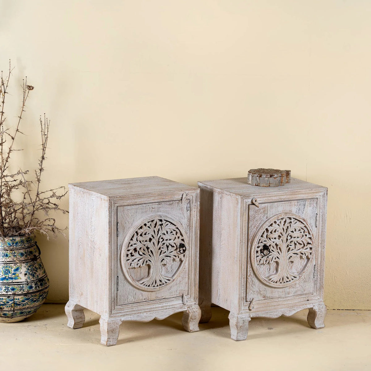 Vrinda Tree Carved Bedside Cabinet single - DOBRI ARTS AU