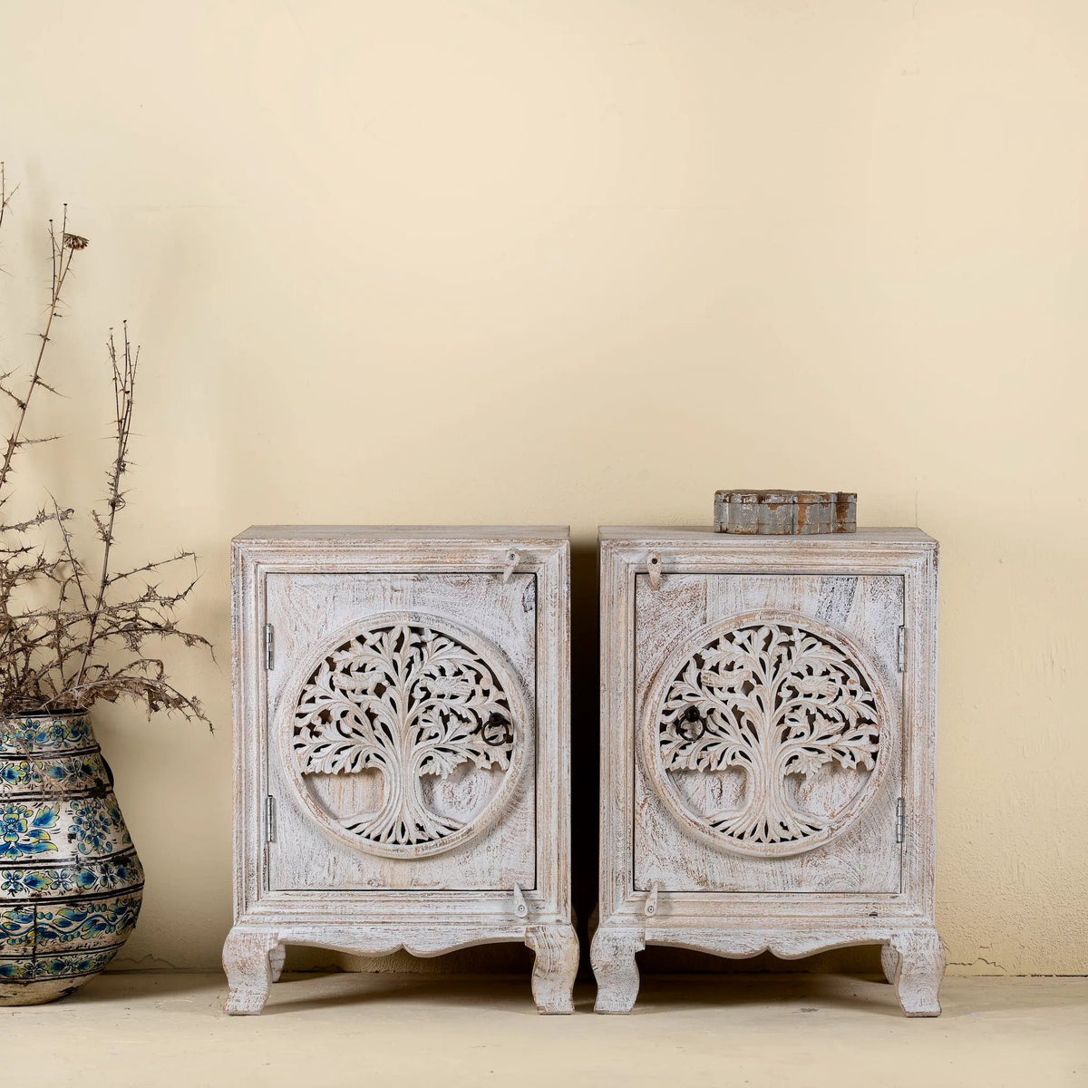 Vrinda Tree Carved Bedside Cabinet single - DOBRI ARTS AU
