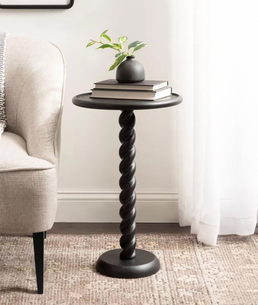 Wendy Charcoal Mango Wood Side Table – Round Accent Table with Spiral Pedestal Base, Solid Wood End Table & Modern Decor - DOBRI ARTS AU