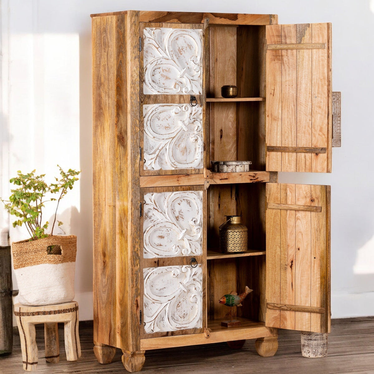 White Floral Panel Tall Storage Cabinet - DOBRI ARTS AU
