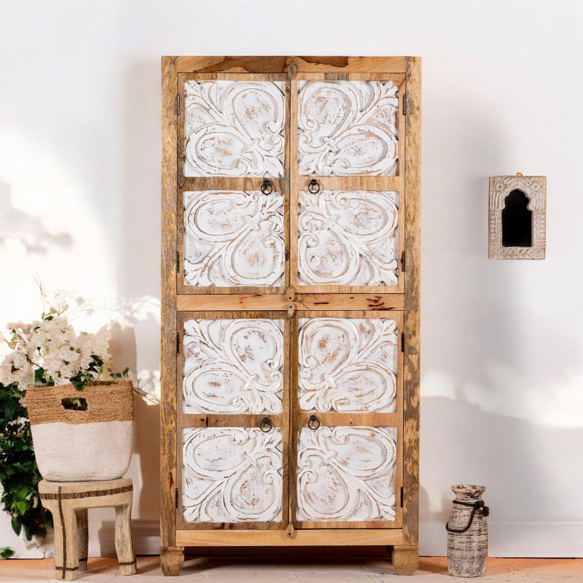 White Floral Panel Tall Storage Cabinet - DOBRI ARTS AU