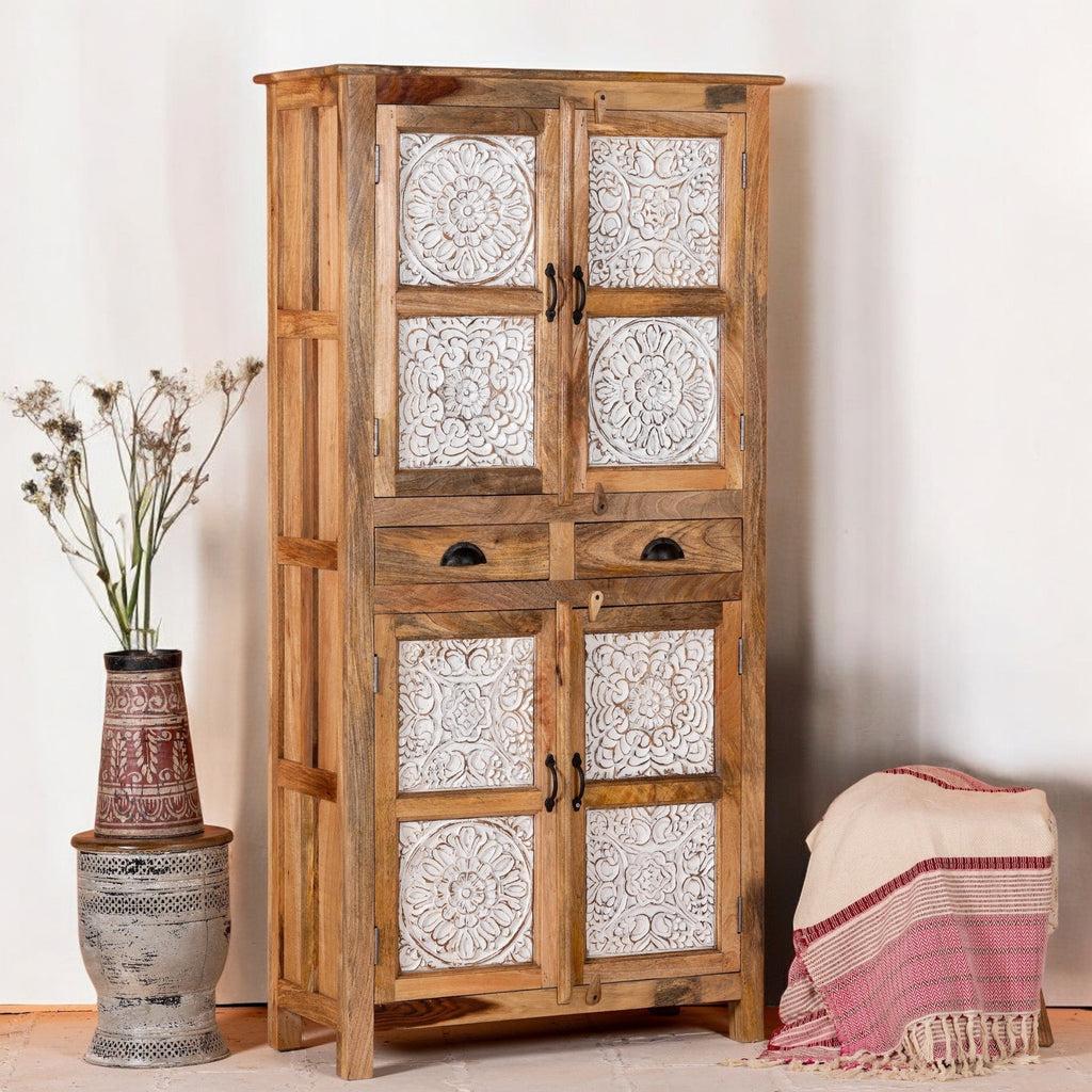 White Floral Panel Wooden Storage Cabinet with Drawers - DOBRI ARTS AU