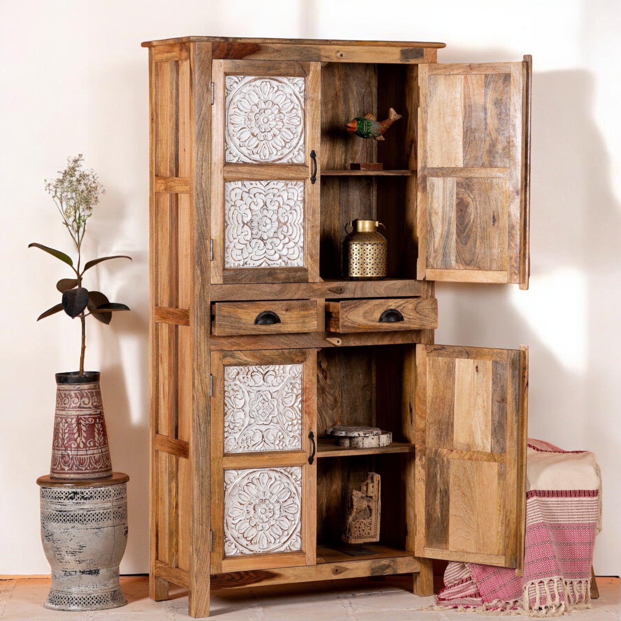 White Floral Panel Wooden Storage Cabinet with Drawers - DOBRI ARTS AU