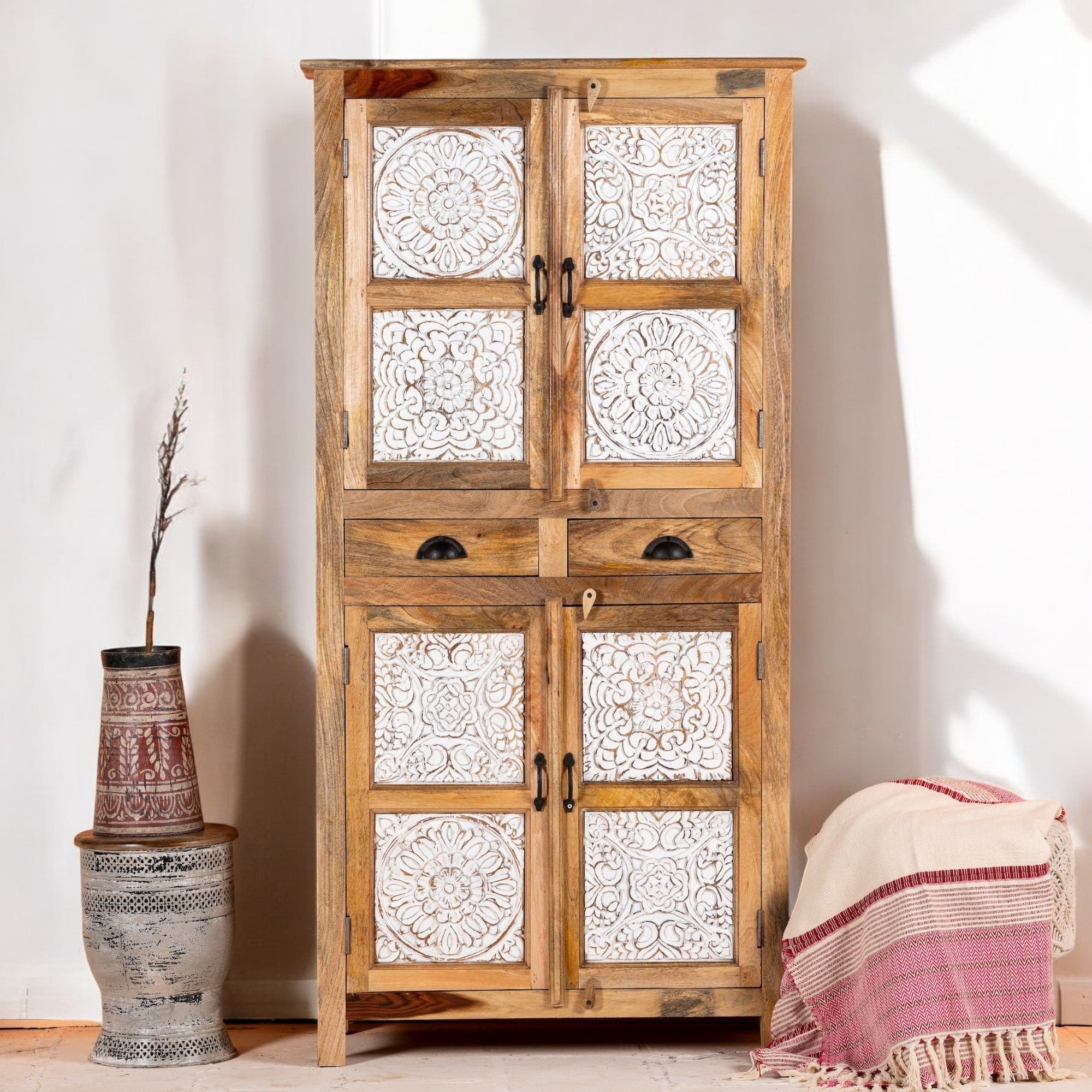 White Floral Panel Wooden Storage Cabinet with Drawers - DOBRI ARTS AU