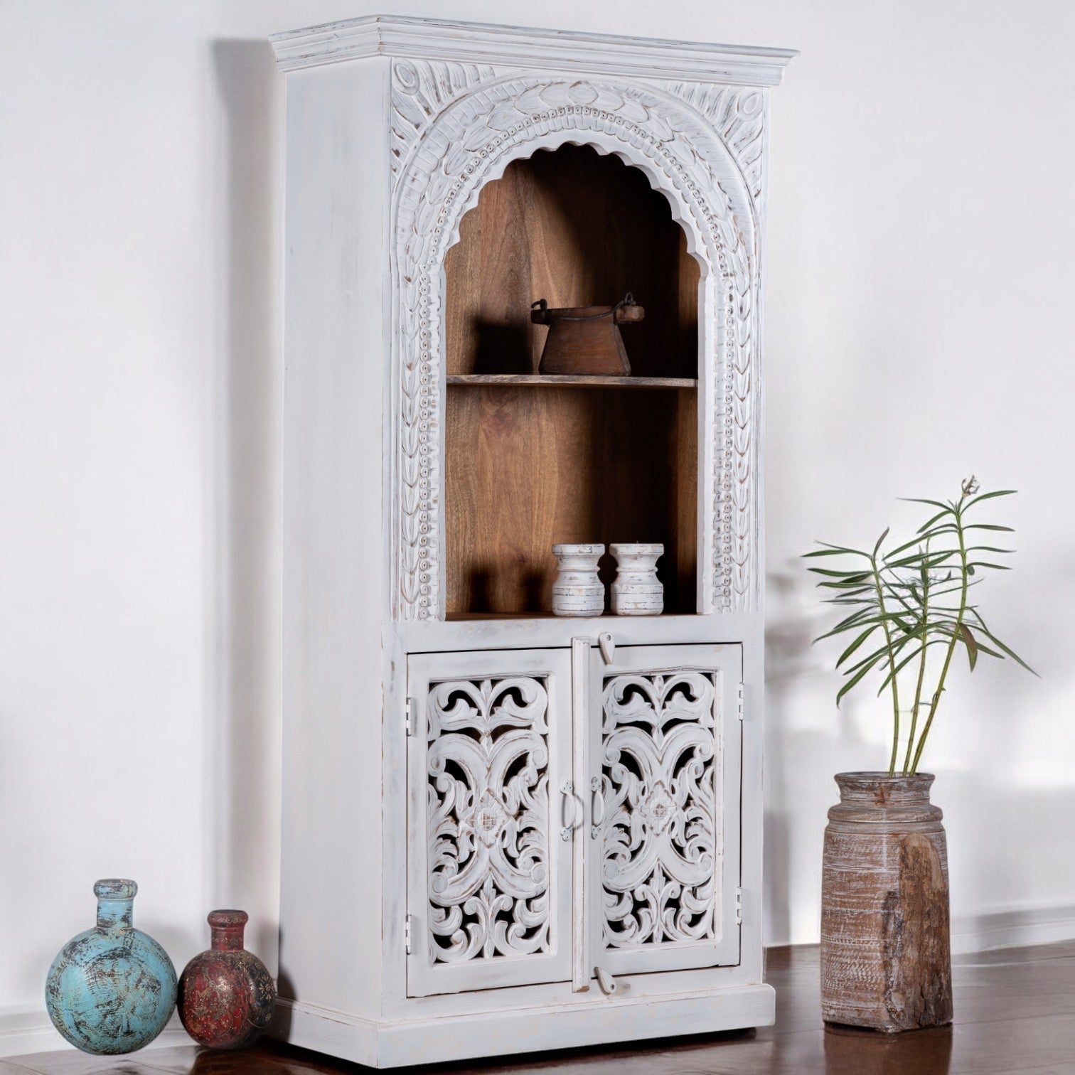 White Jali Carved Bookshelf – Handcrafted Elegance - DOBRI ARTS AU