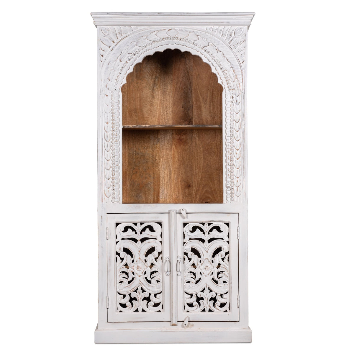 Whitewashed Arch Display Cabinet with Ornate Doors - DOBRI ARTS AU