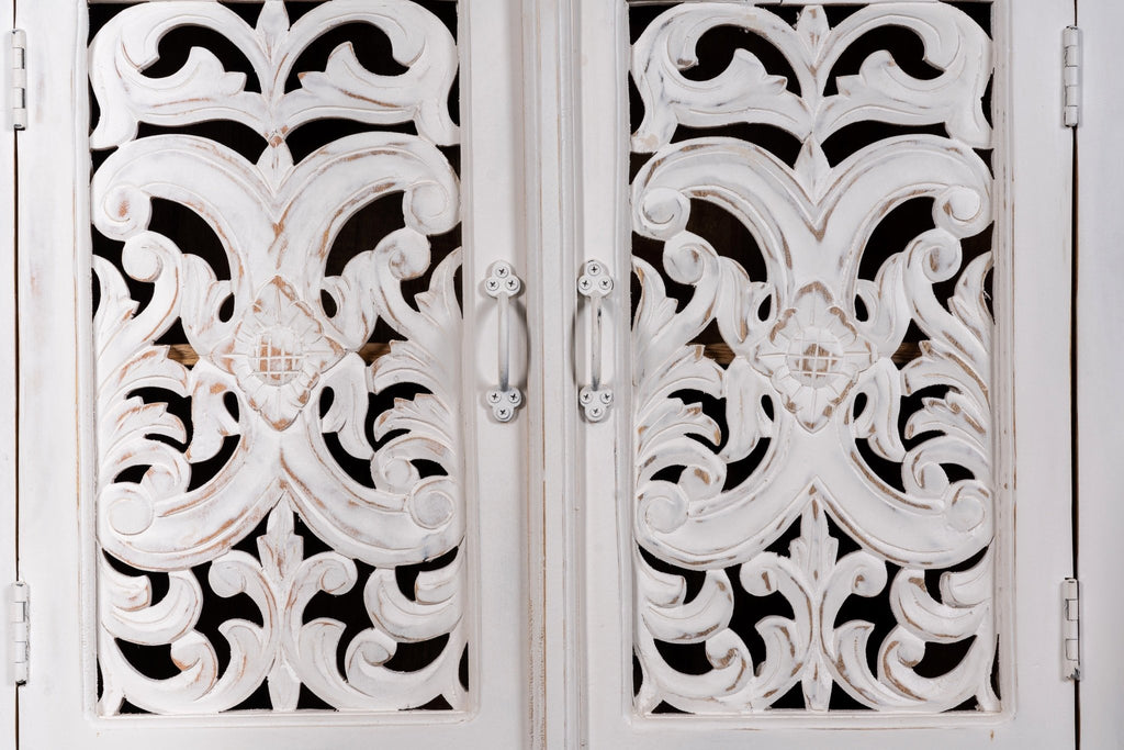 Whitewashed Arch Display Cabinet with Ornate Doors - DOBRI ARTS AU