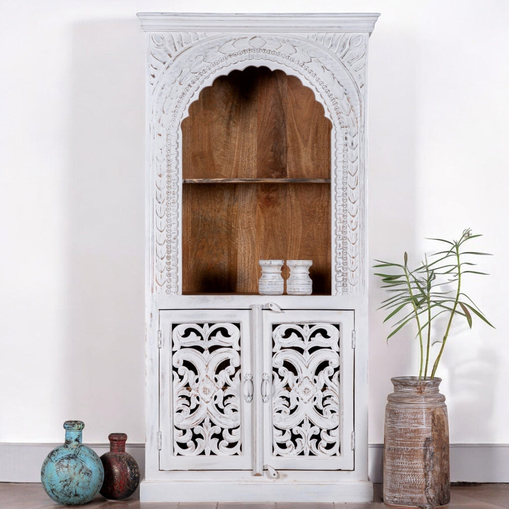 Whitewashed Arch Display Cabinet with Ornate Doors - DOBRI ARTS AU