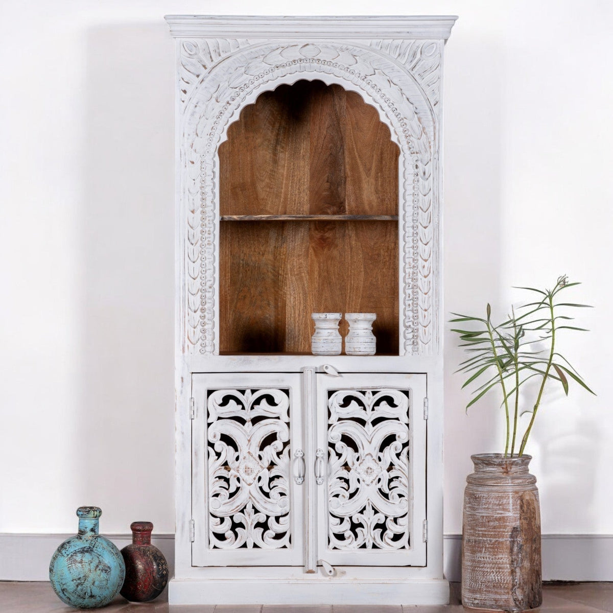 Whitewashed Arch Display Cabinet with Ornate Doors - DOBRI ARTS AU