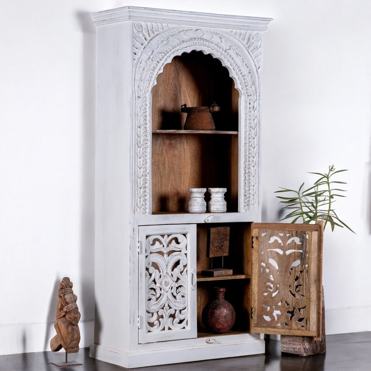 Whitewashed Arch Display Cabinet with Ornate Doors - DOBRI ARTS AU