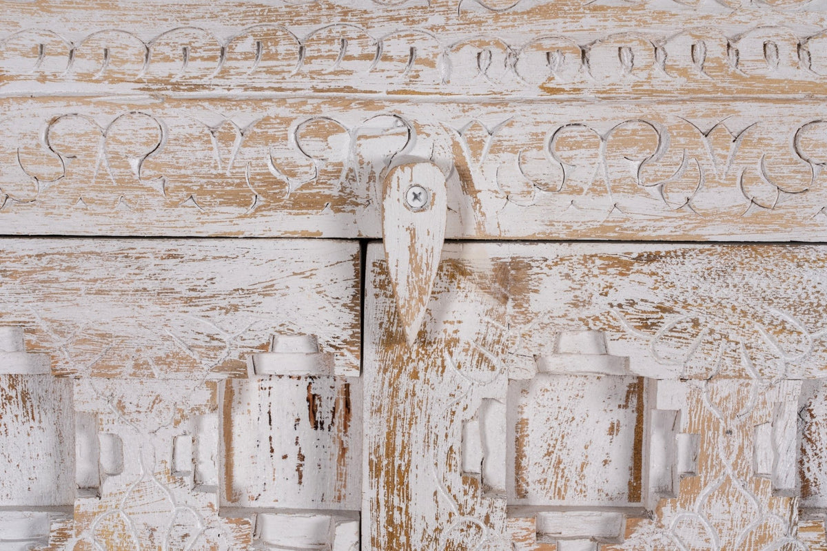 Whitewashed Geometric Hand-Carved Wooden Storage Almirah - DOBRI ARTS AU