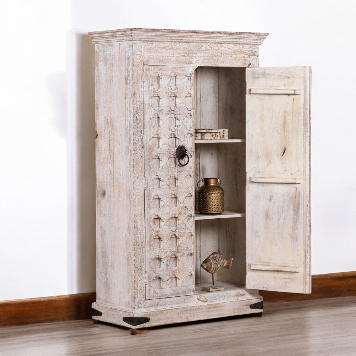 Whitewashed Geometric Hand-Carved Wooden Storage Almirah - DOBRI ARTS AU