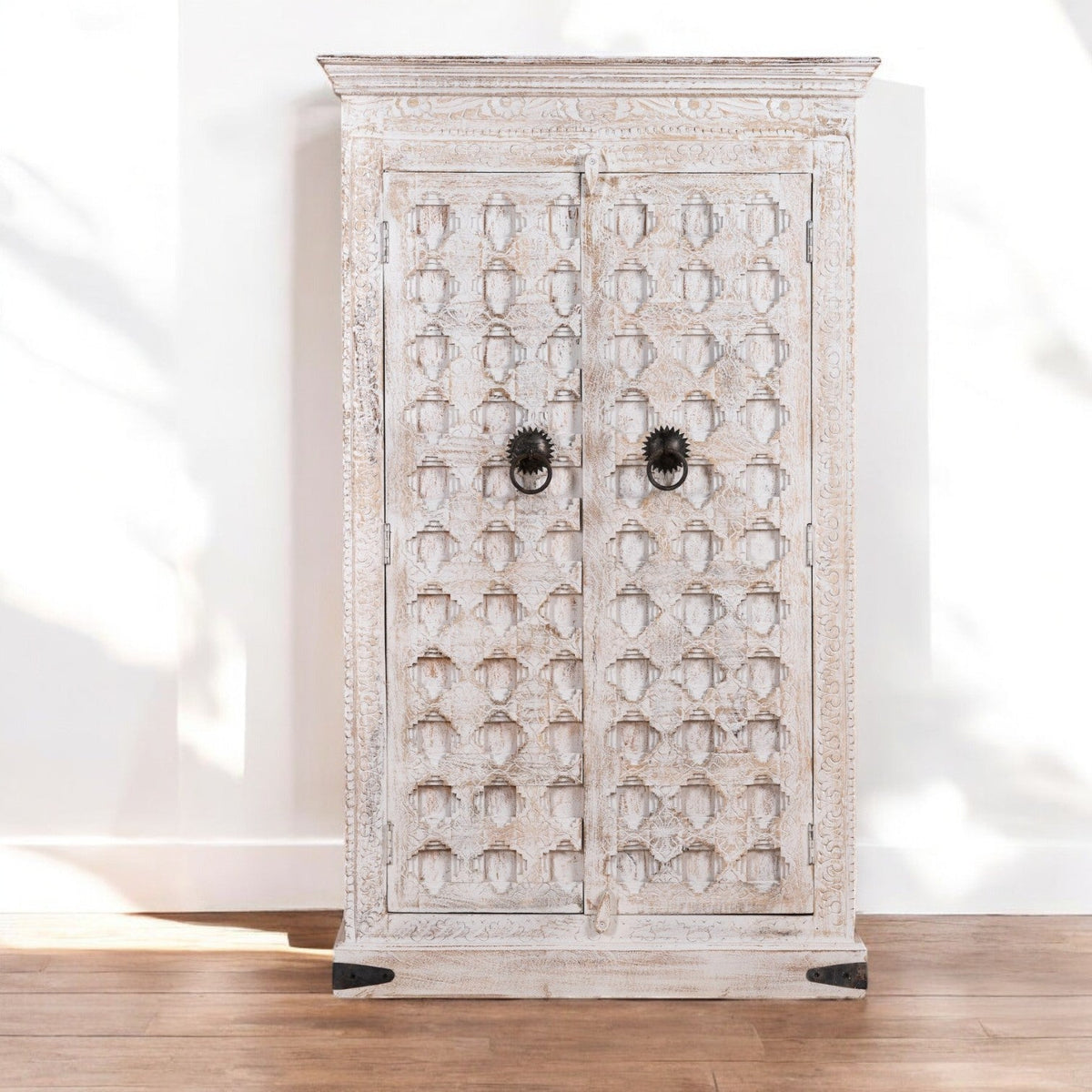 Whitewashed Geometric Hand-Carved Wooden Storage Almirah - DOBRI ARTS AU