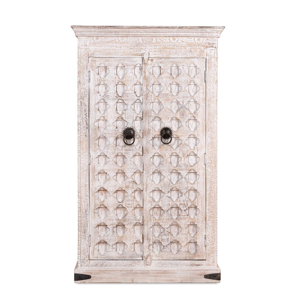 Whitewashed Geometric Hand-Carved Wooden Storage Almirah - DOBRI ARTS AU