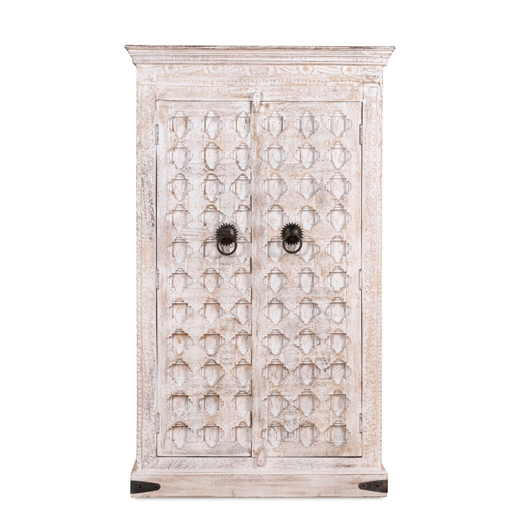 Whitewashed Geometric Hand-Carved Wooden Storage Almirah - DOBRI ARTS AU