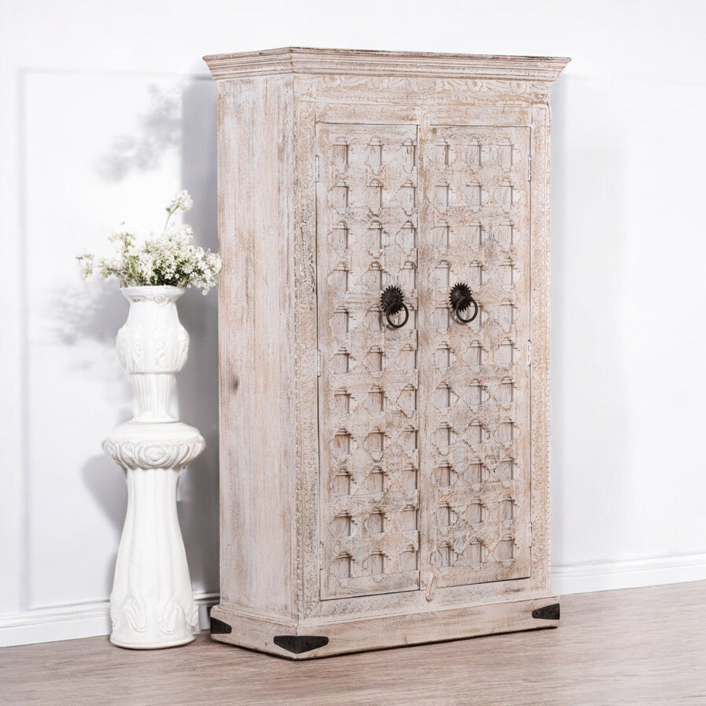 Whitewashed Geometric Hand-Carved Wooden Storage Almirah - DOBRI ARTS AU