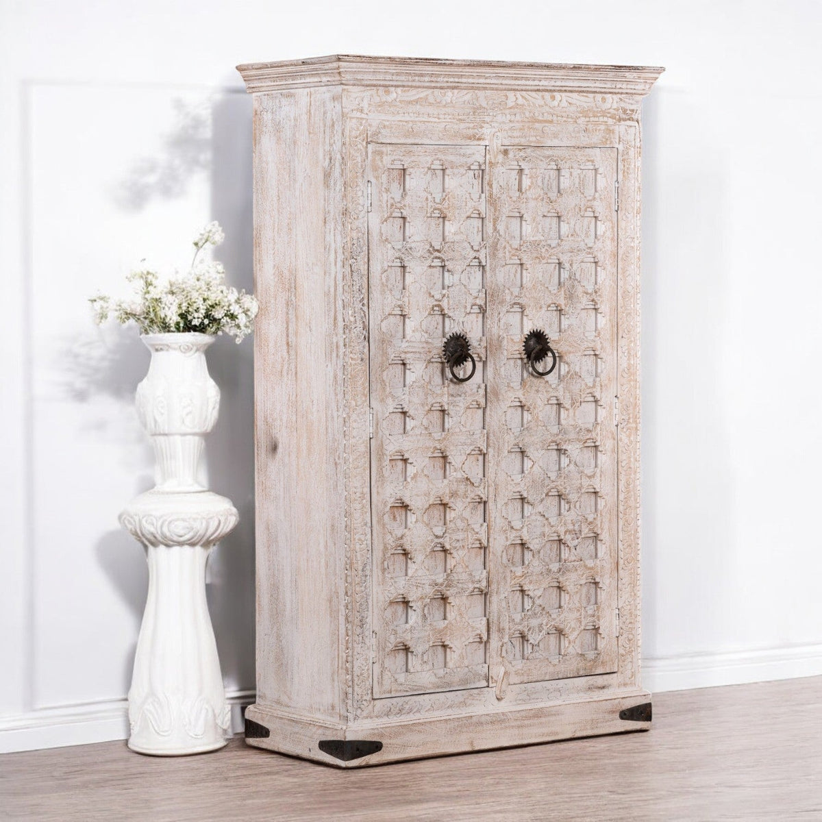 Whitewashed Geometric Hand-Carved Wooden Storage Almirah - DOBRI ARTS AU