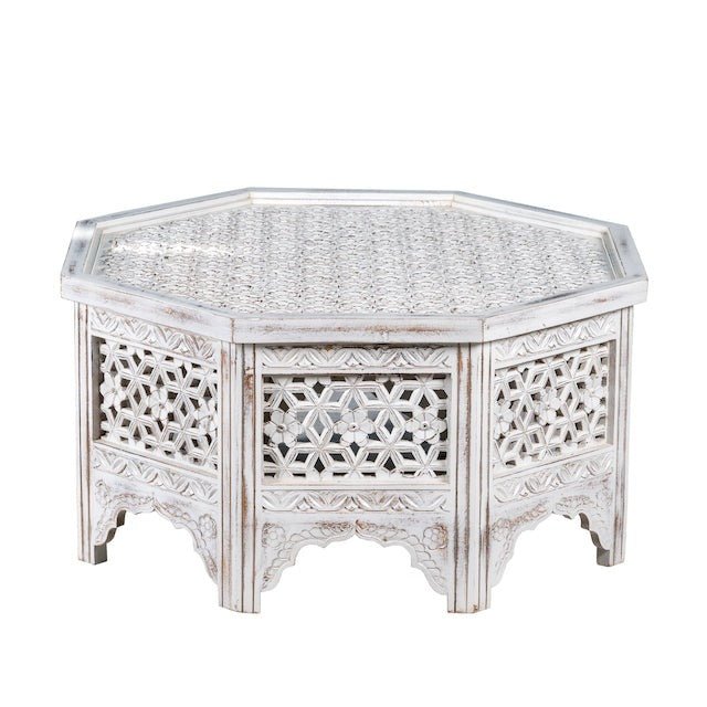 Whitewashed Hand-Carved Octagonal Coffee Table with Geometric Panels - DOBRI ARTS AU