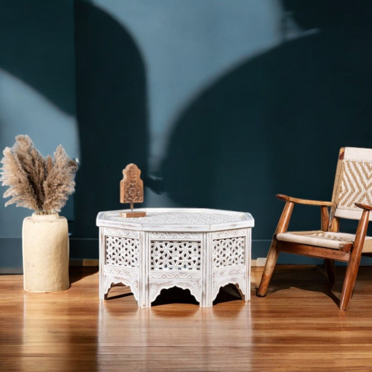 Whitewashed Hand-Carved Octagonal Coffee Table with Geometric Panels - DOBRI ARTS AU