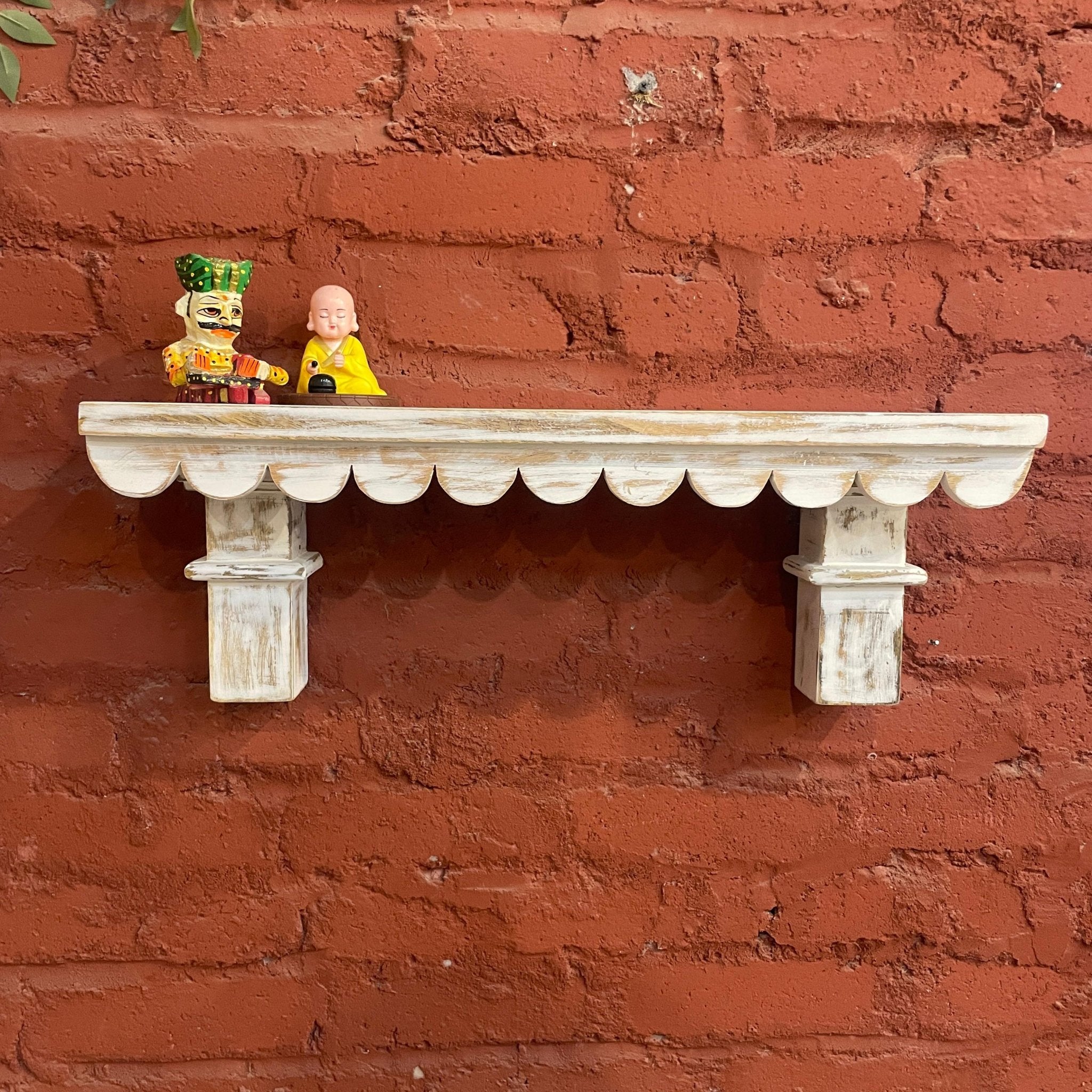 Whitewashed Hand-Carved Wooden Wall Shelf with Scalloped Edge Brackets - DOBRI ARTS AU