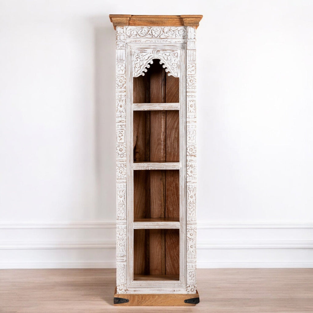 Whitewashed Narrow Display Bookcase with Arch Detail - DOBRI ARTS AU