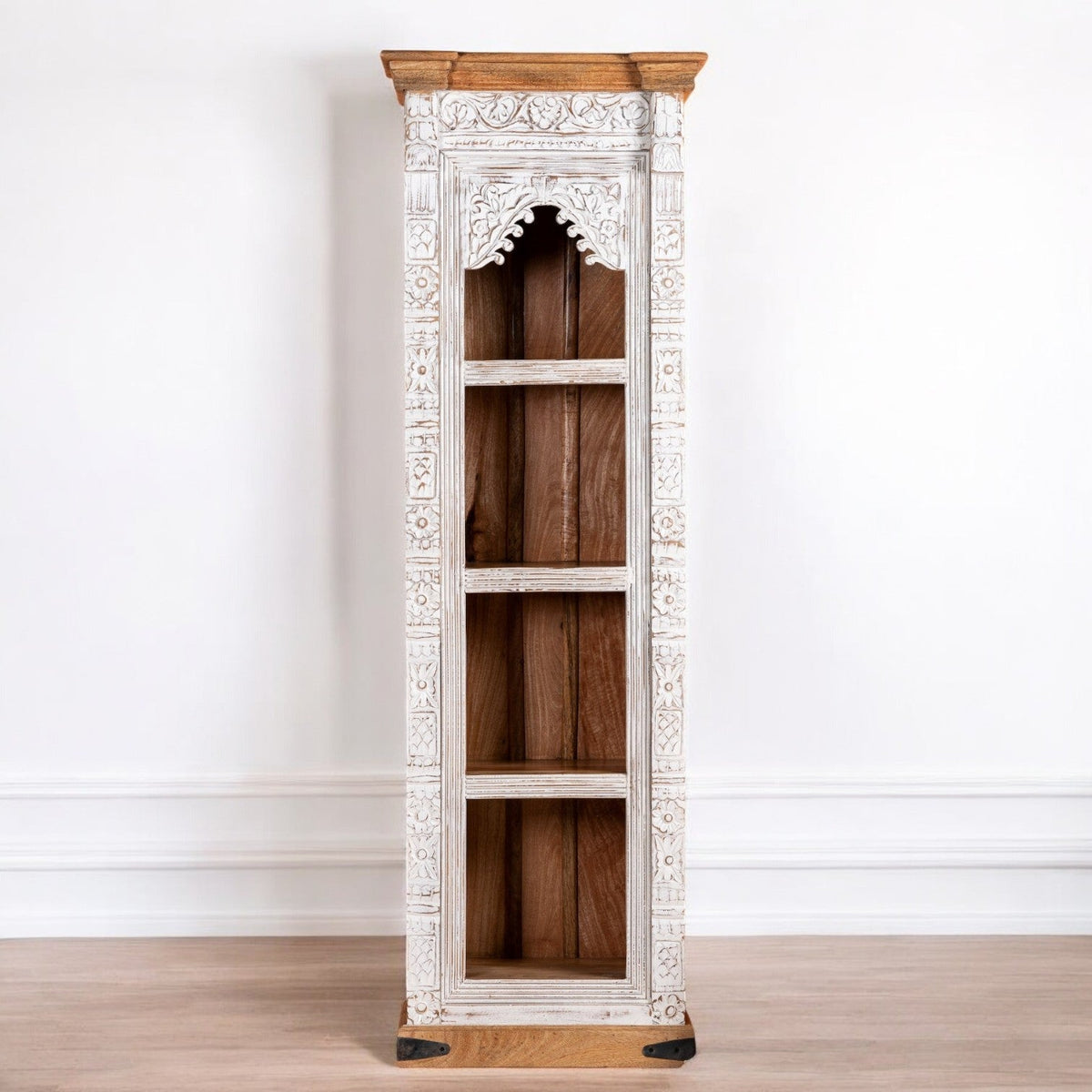 Whitewashed Narrow Display Bookcase with Arch Detail - DOBRI ARTS AU