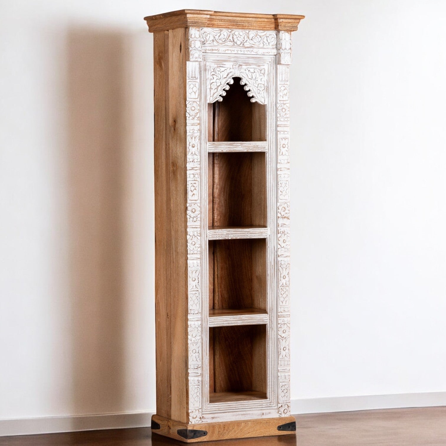 Whitewashed Narrow Display Bookcase with Arch Detail - DOBRI ARTS AU