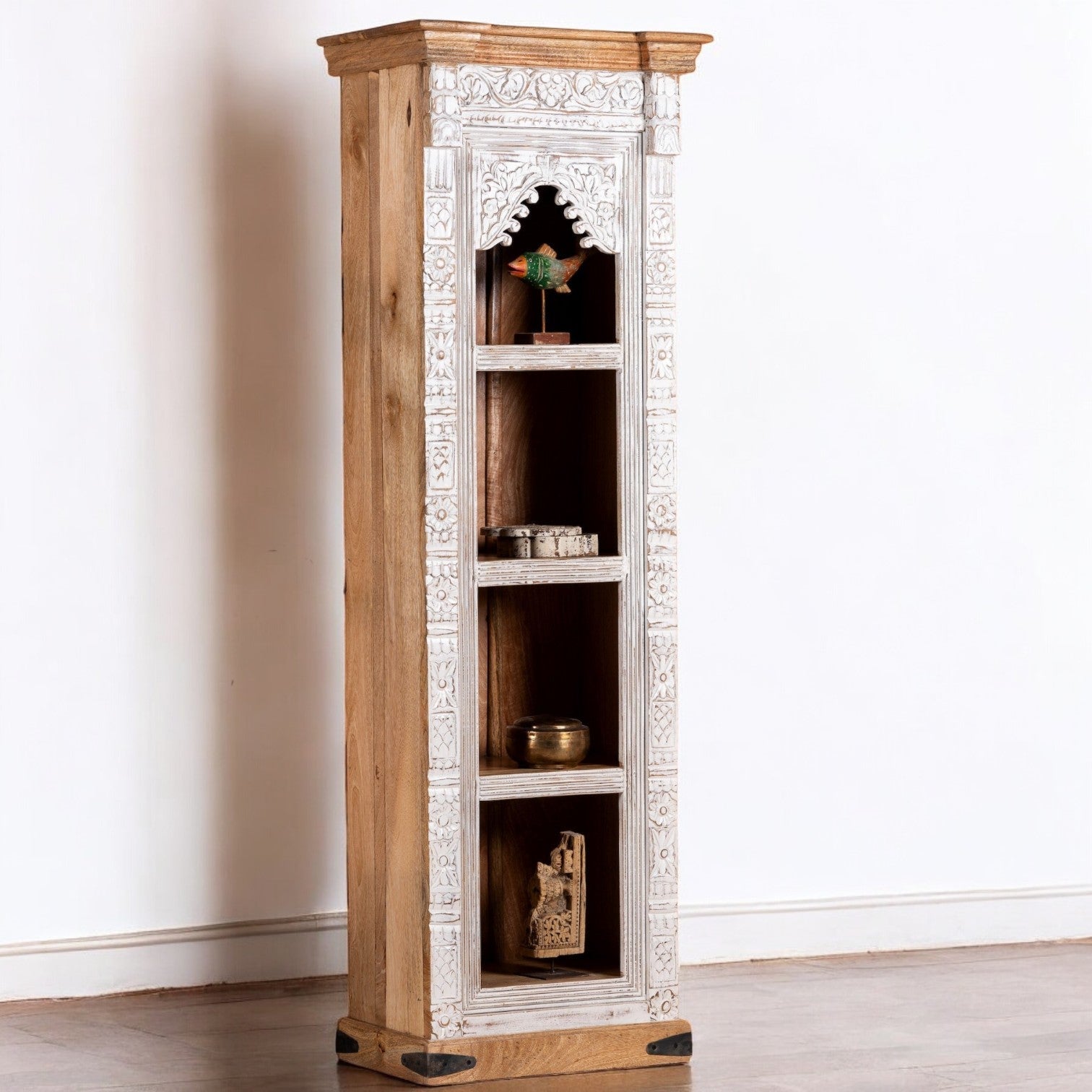 Whitewashed Narrow Display Bookcase with Arch Detail - DOBRI ARTS AU