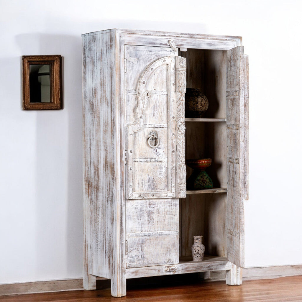 Whitewashed Rustic Hand-Carved Wooden Storage Cabinet - DOBRI ARTS AU