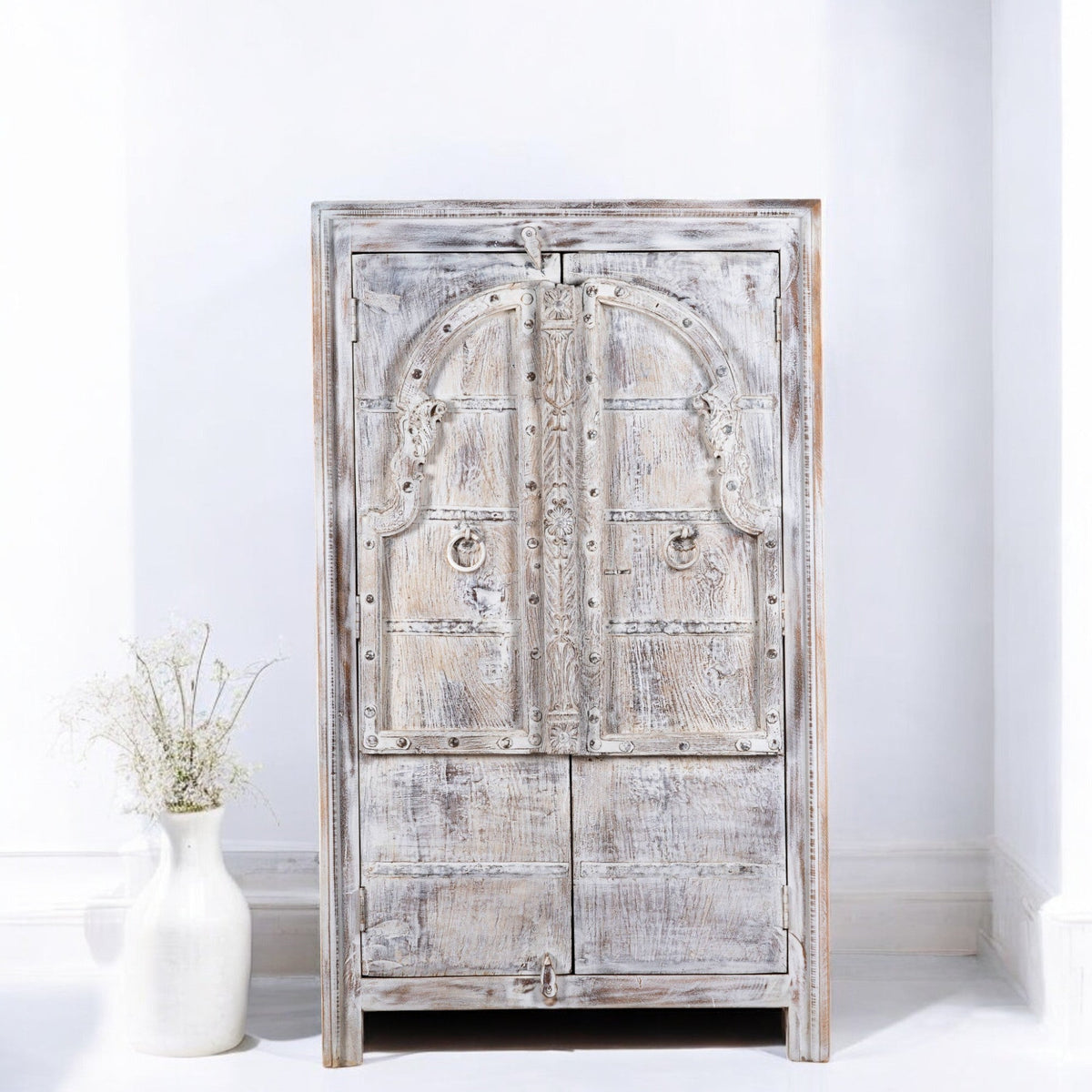 Whitewashed Rustic Hand-Carved Wooden Storage Cabinet - DOBRI ARTS AU