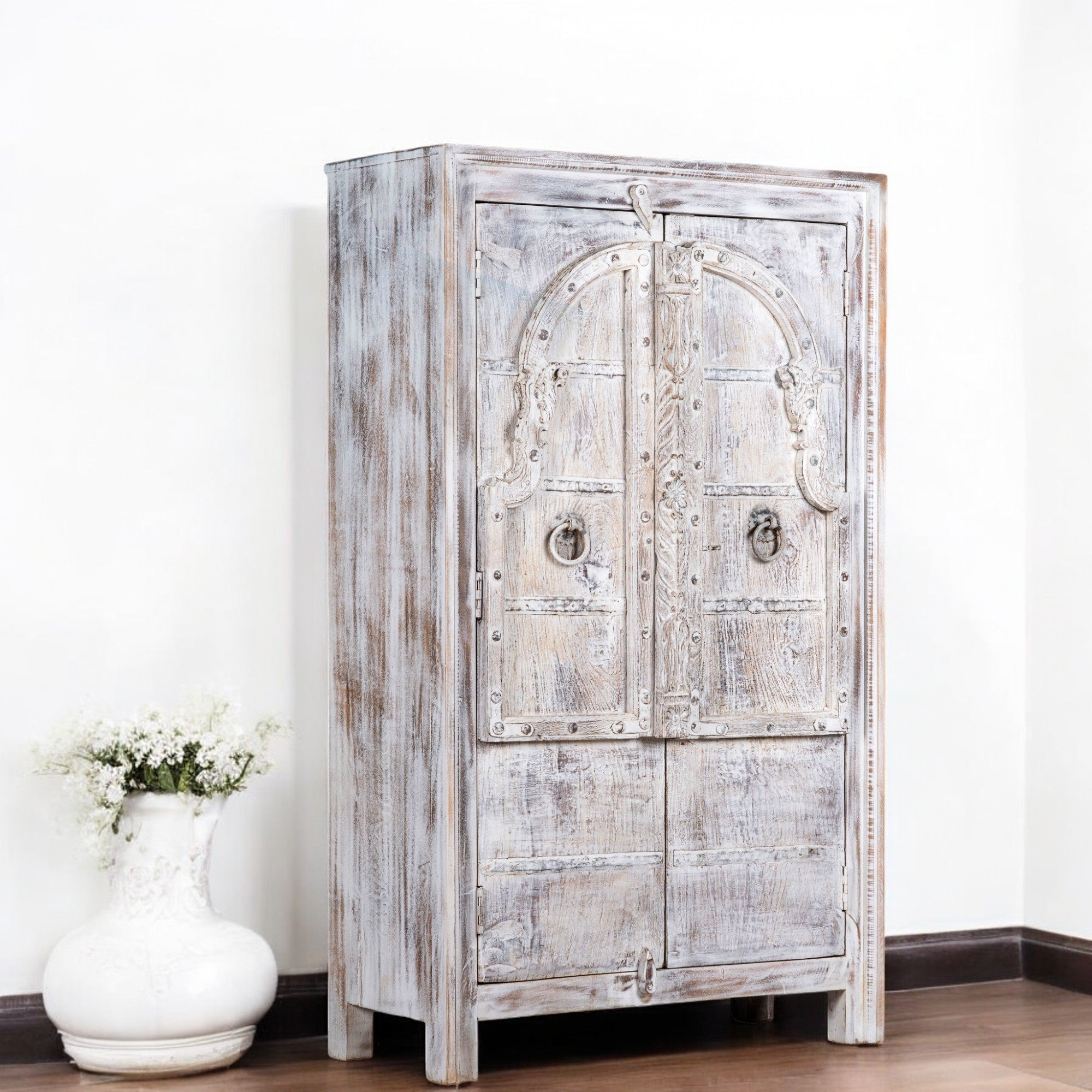Whitewashed Rustic Hand-Carved Wooden Storage Cabinet - DOBRI ARTS AU