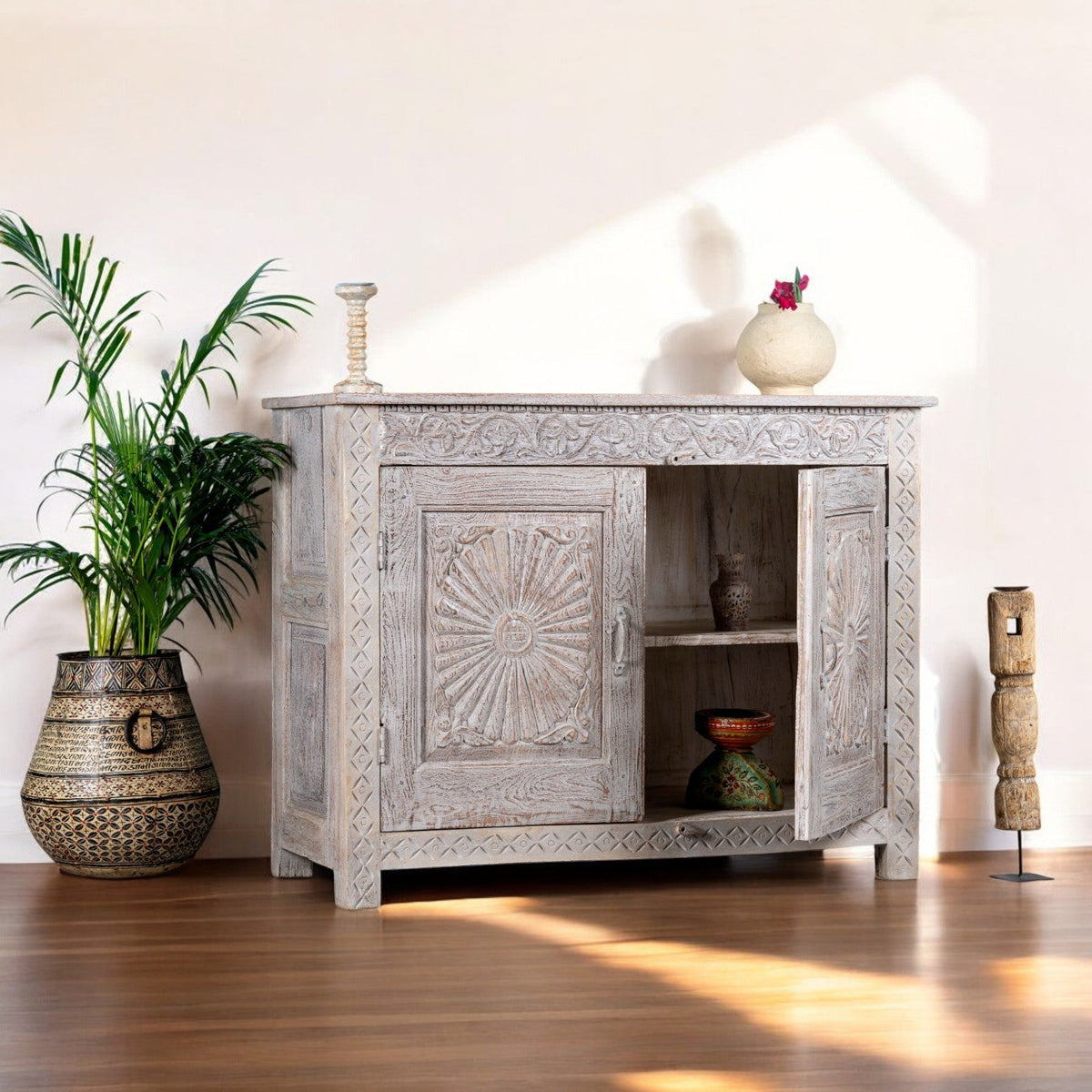 Whitewashed Solid Wood Sideboard with Hand-Carved Sunburst Doors - DOBRI ARTS AU