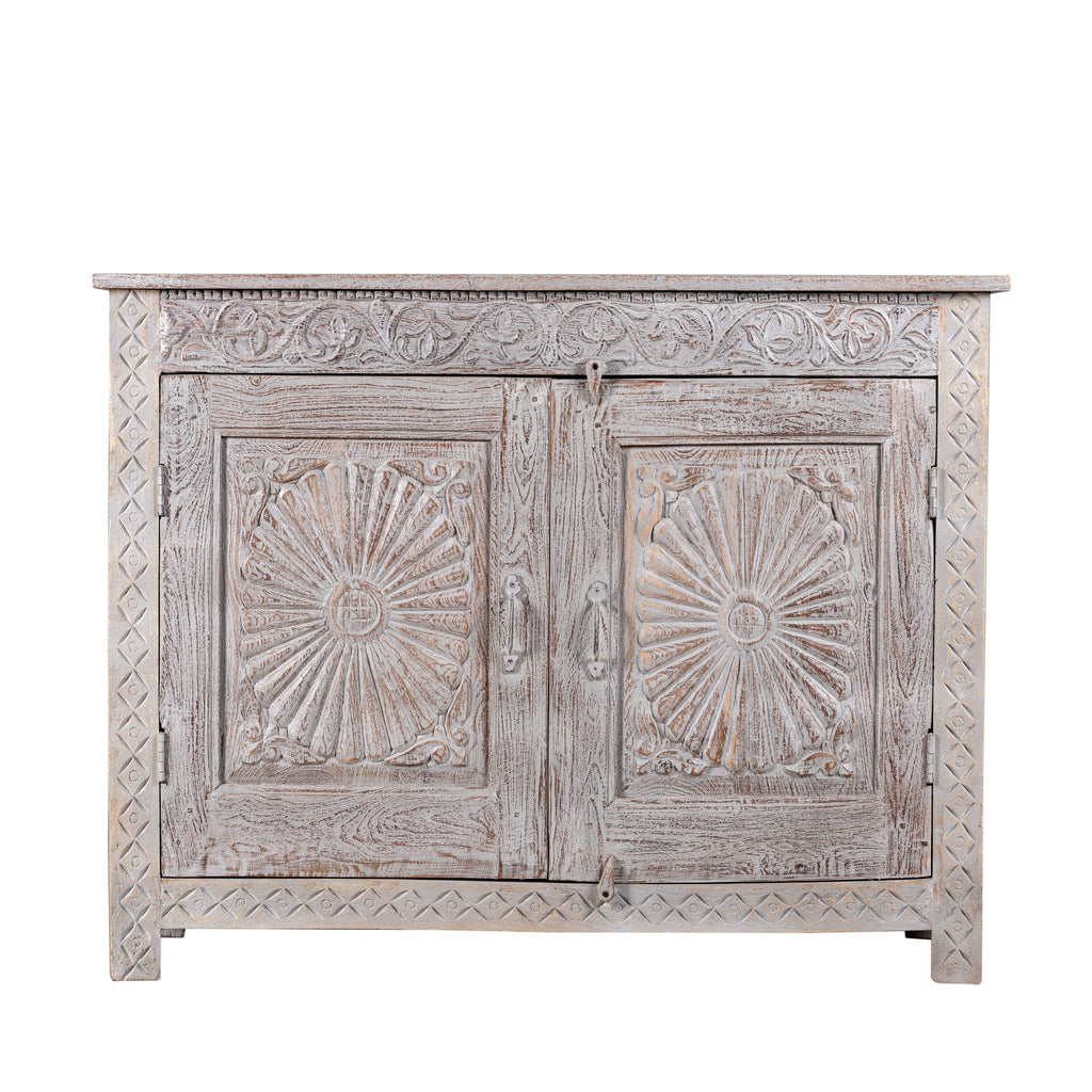 Whitewashed Solid Wood Sideboard with Hand-Carved Sunburst Doors - DOBRI ARTS AU