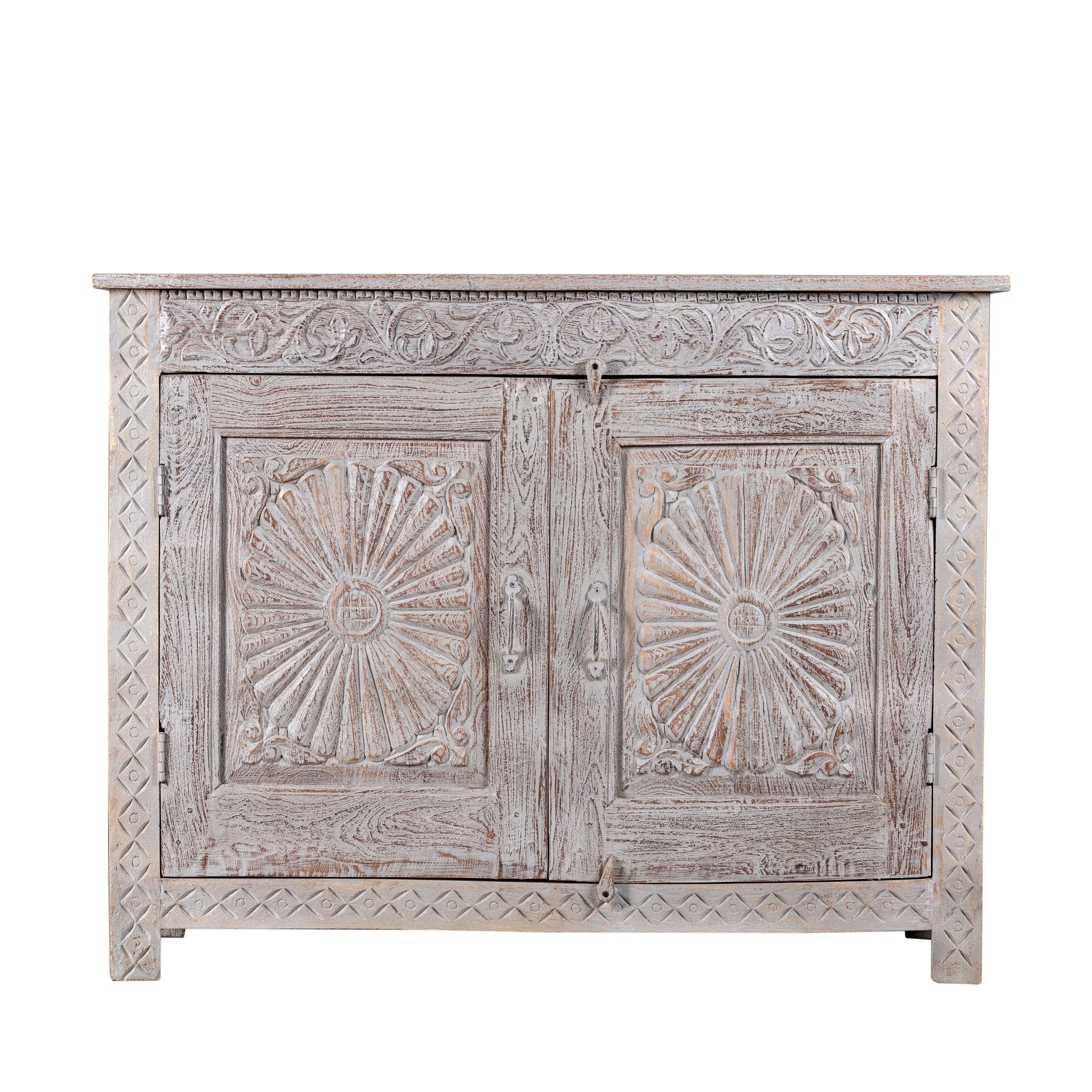 Whitewashed Solid Wood Sideboard with Hand-Carved Sunburst Doors - DOBRI ARTS AU