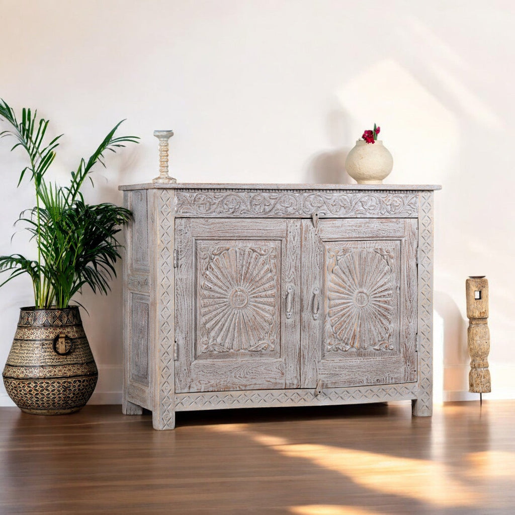 Whitewashed Solid Wood Sideboard with Hand-Carved Sunburst Doors - DOBRI ARTS AU